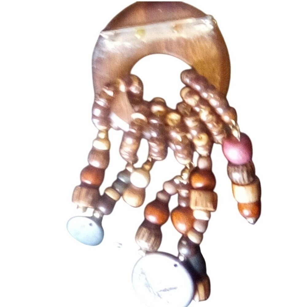 Boho Chic Beaded Necklace & Brooch Set, Wooden, Tribal, Earth Tones - Picture 2 of 6